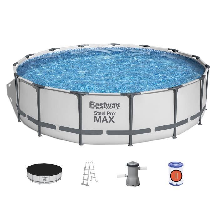 Kit Piscine hors sol tubulaire BESTWAY Steel Pro Max- 457 x 107 cm - Ronde (Avec pompe de filtration, échelle + bâche)