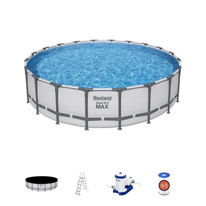 Kit Piscine hors sol tubulaire BESTWAY - Steel Pro Maxô - 610 x 132 cm - Ronde (Inclus filtre, cartouche, echelle et bache)