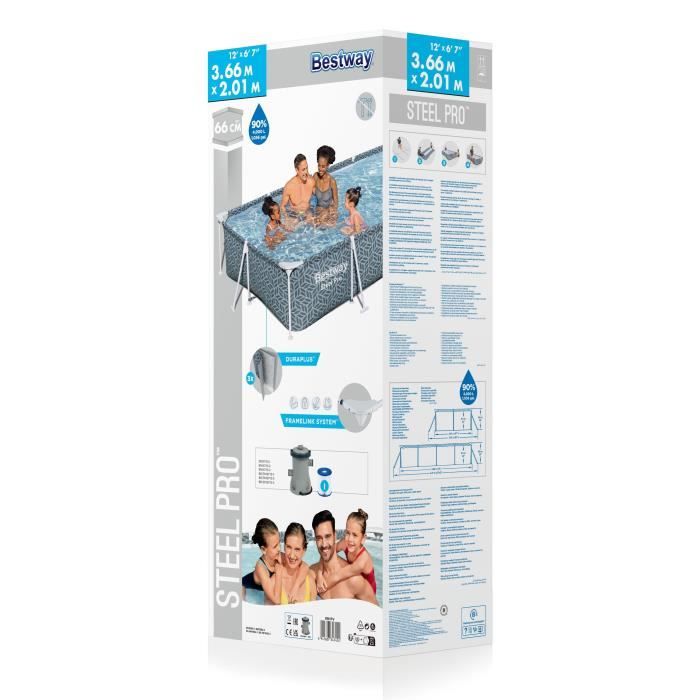 Kit Piscine hors sol tubulaire BESTWAY - Steel Proô - 366 x 201 x 66 cm - Rectangulaire (Inclus Èpurateur a Cartouche)