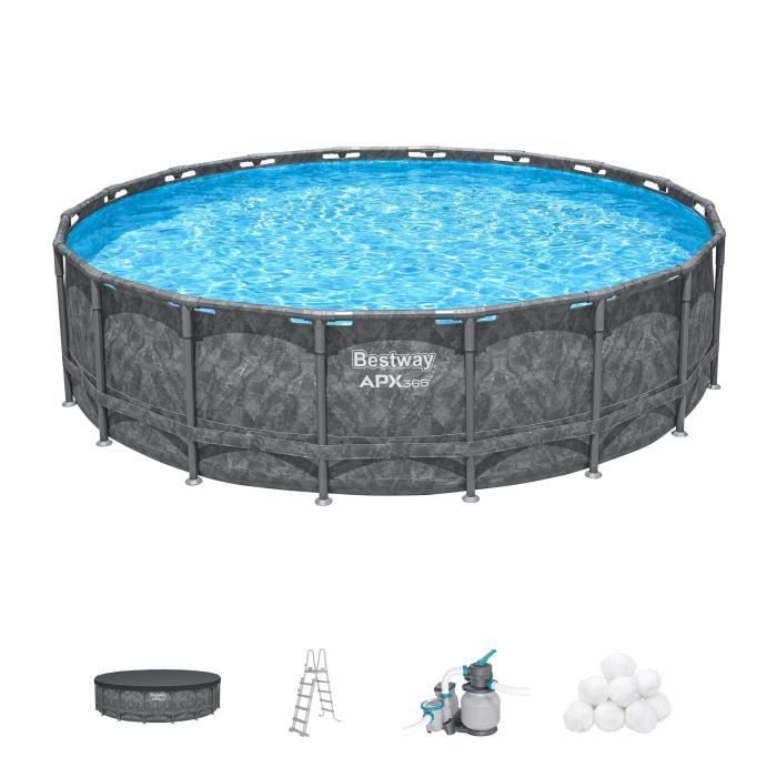 Kit Piscine hors sol tubulaire BESTWAY - APX 365 - 549 x 132 cm - Ronde (Filtre a sable, 250 g polysphere, échelle, bâche)