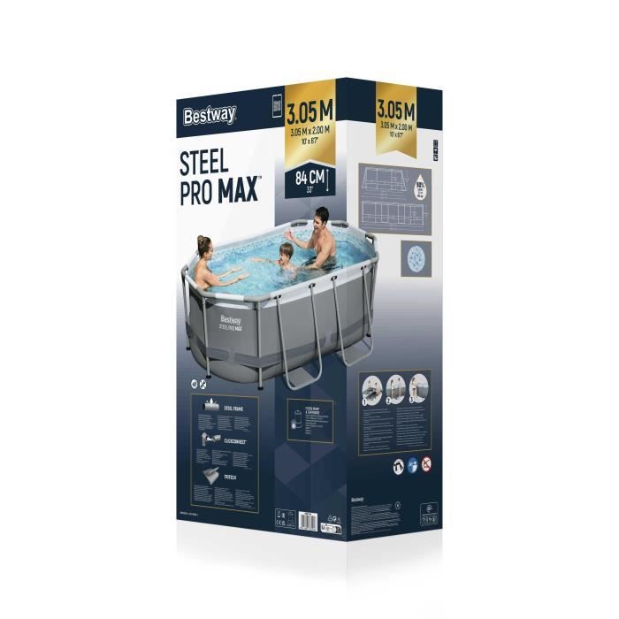Kit Piscine hors sol tubulaire BESTWAY - Steel Pro MAX - 305 x 200 x 84 cm - Ovale (Livrée avev filtre a cartouche et 1 cartouche)