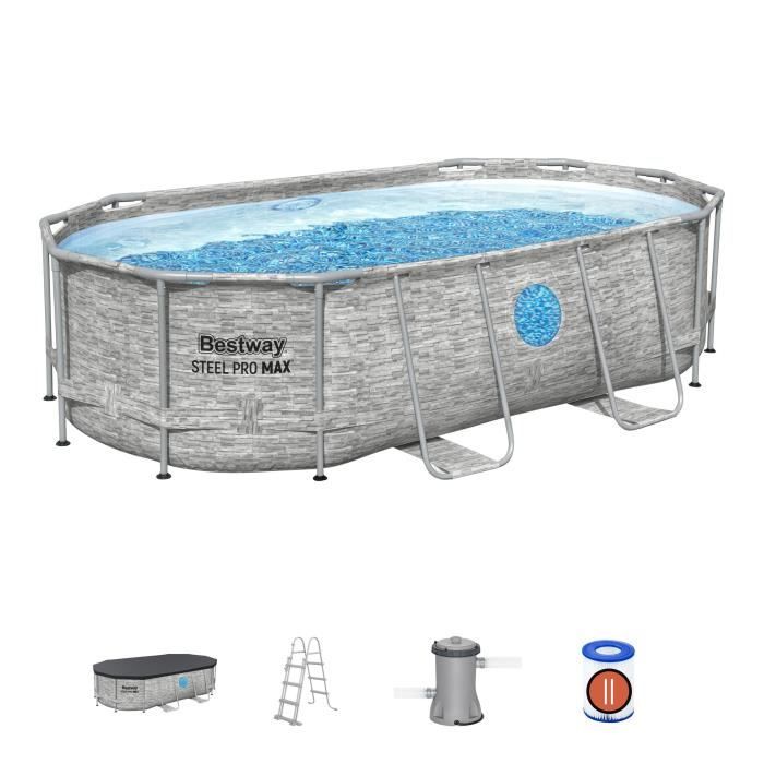 Kit Piscine hors sol tubulaire BESTWAY - Steel Pro MAX- 427 x 250 x 100 cm - Ovale (Filtre a cartouche, échelle, bâche, 1 cartouche