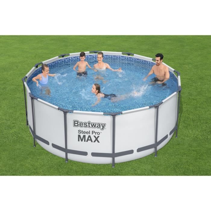 Kit Piscine hors sol tubulaire BESTWAY Steel Pro Max - 366 x 122 cm - Ronde (Livrée avec un filtre a cartouche, échelle, bâche)