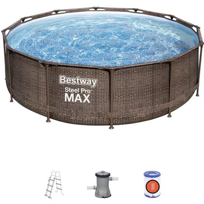 Kit Piscine hors sol tubulaire BESTWAY Steel Pro Maxô - 366 x 100 cm - Ronde (LivrÈe avec filtre a cartouche, Èchelle et diffuseur)