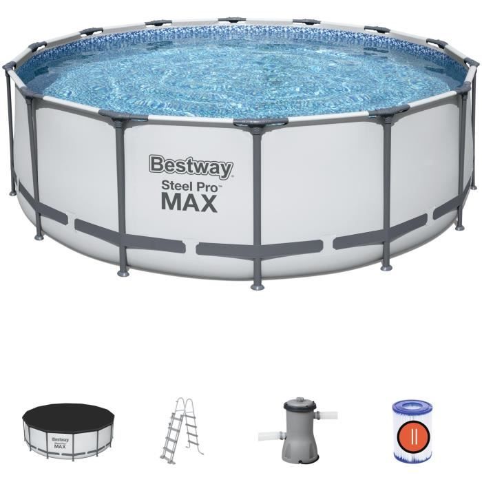 Kit Piscine hors sol tubulaire BESTWAY Steel Pro Maxô - 427 x 122 cm - Ronde (Avec un filtre a cartouche, une b‚che et une Èchelle)