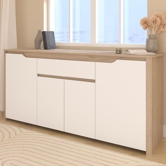 Buffet bas - BETTY- Panneaux de particules - Blanc / Chene - 4 portes - 1 tiroir - PARISOT