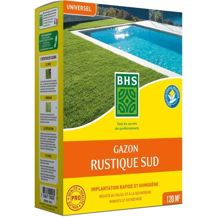 Gazon - BHS - Gazon Rustique Sud - 1kg, 40 m². Résistant aux conditions seches grâce a la fétuque élevée. Rapide et homogene.