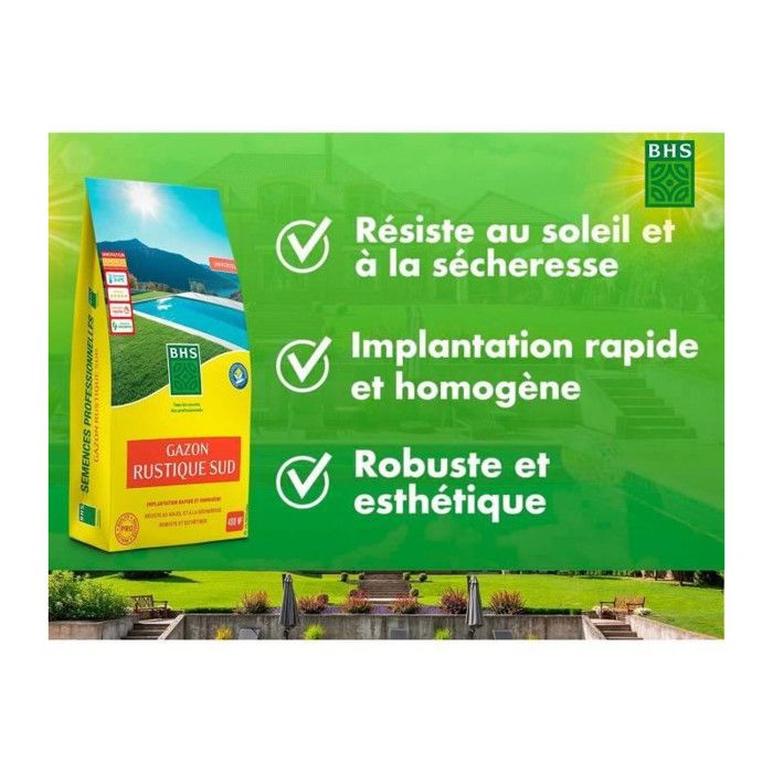 Semence de Gazon rustique - BHS - Capacité 10 kg - Implantation rapide et homogene
