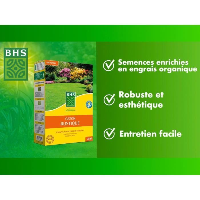 Gazon - BHS - Gazon Rustique 1 KG - Plus résistant et mieux protégé - Rapide et Durable - Tous Types de Terrain et Climats, Robuste