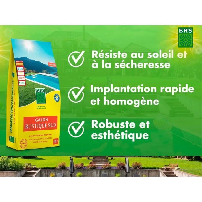 Semence de Gazon - BHS - Gazon Rustique Sud - 10kg - Résistant aux conditions seches grâce a la fétuque élevée. Rapide et homogene.