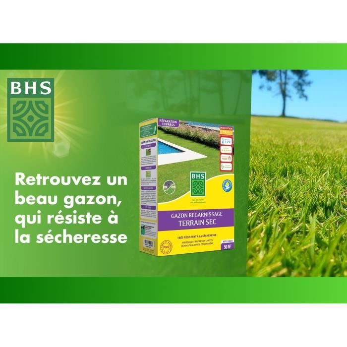 Gazon Regarnissage Terrain Sec - BHS - 1kg | 40 m² | Résistant et durable, avec excellente pérennité et tolérance aux piétinements.