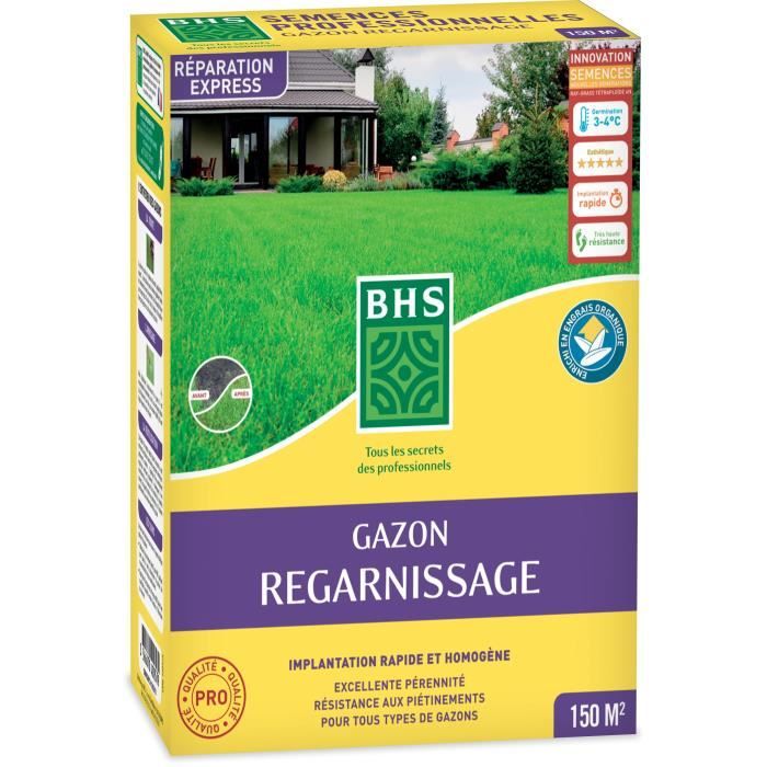 Gazon Regarnissage Terrain Sec - BHS - 3kg | 150 m² | Résistant et durable, avec excellente pérennité et tolérance aux piétinements.