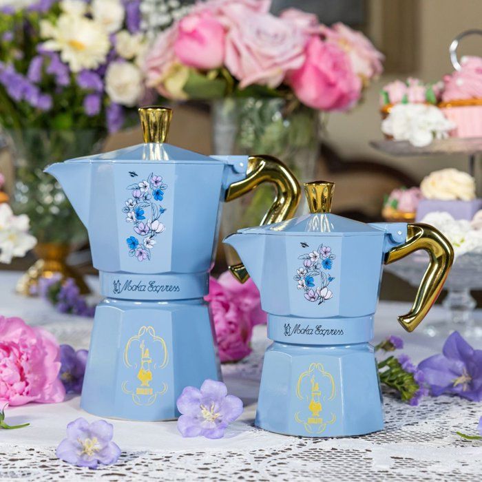 Cafetiere italienne - BIALETTI - Moka express - Collection Birdgerton - 3 tasses - 130 ml - Bleu / Fleurs