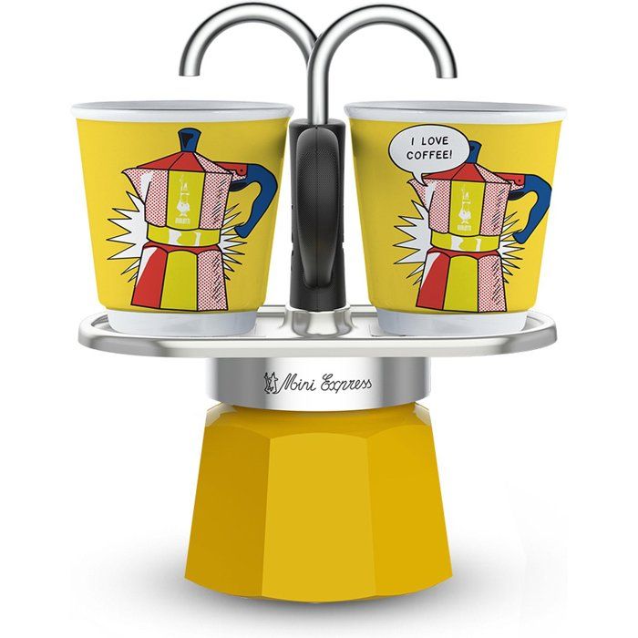 Set cafetiere italienne + 2 tasses - BIALETTI - Mini-express LICHTENSTEIN - 100 ml - Inox / Jaune