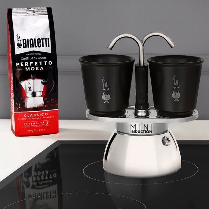 Set cafetiere italienne + 2 tasses - BIALETTI - Mini-induction - 100 ml - Inox / Noir
