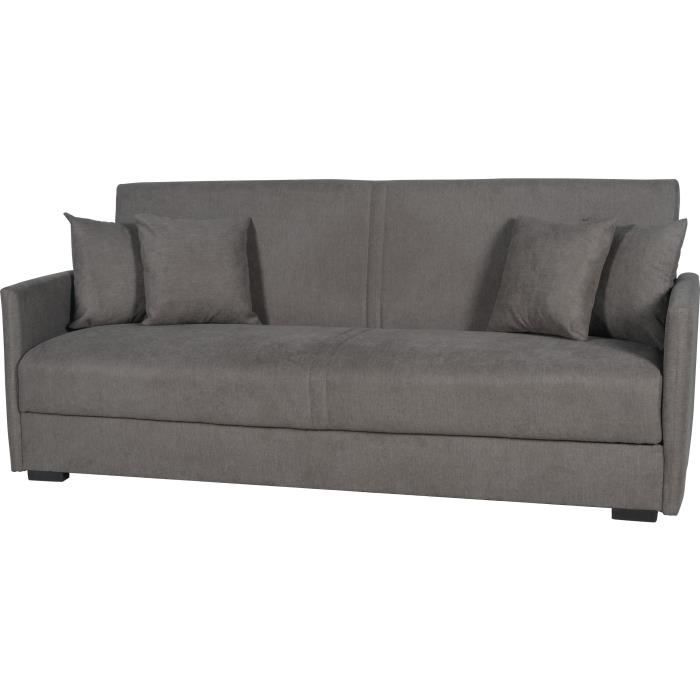 Canapé convertible 3 places - BIANCA - Tissu taupe - 4 coussins - Coffre de rangement - 204 x 92 x 91 cm