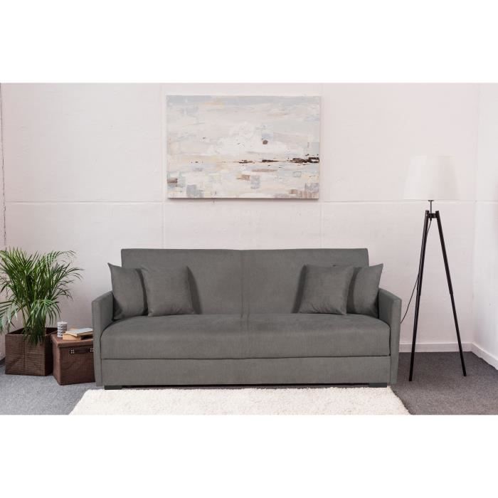 Canapé convertible 3 places - BIANCA - Tissu taupe - 4 coussins - Coffre de rangement - 204 x 92 x 91 cm