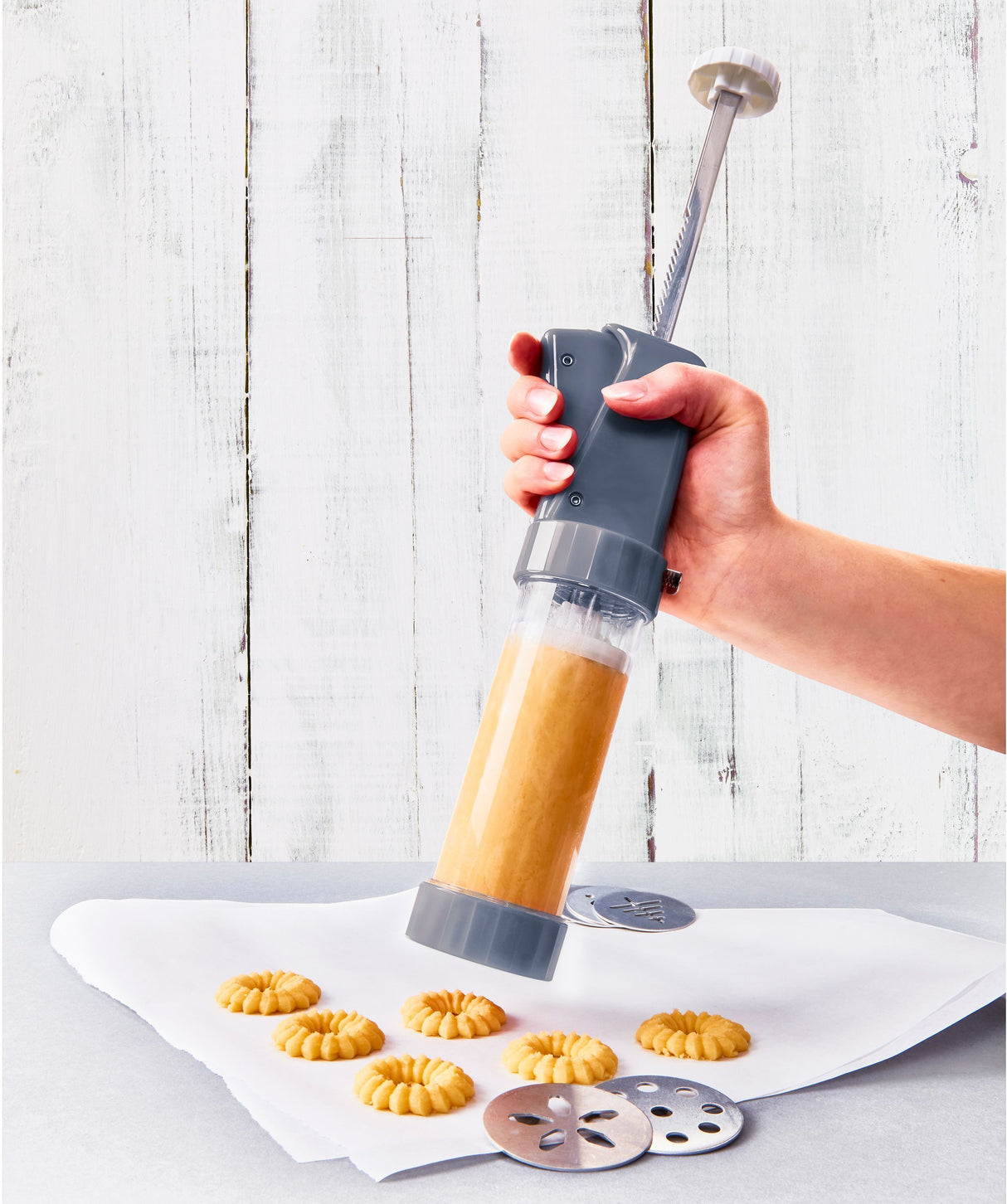 Presse a biscuits - BIRKMANN - EASY BAKING - Plastique - Inclus 10 disques a motif - 8 x 28 x 6 cm