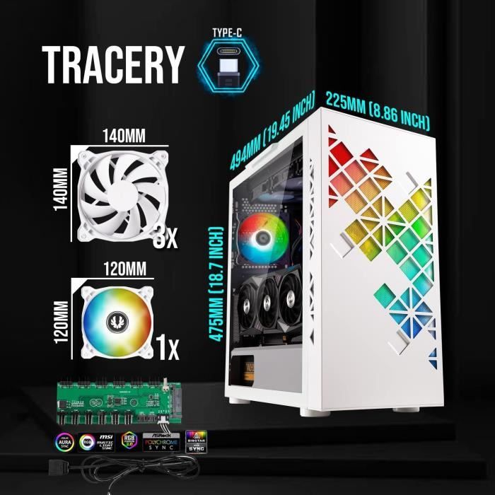 Boitier PC sans alimentation - BITFENIX Tracery ARGB (Blanc) - Moyen tour - Format E-ATX