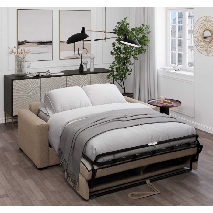 Canapé convertible express JOHN - 3 places - Tissu beige - 190 x 100 x 87 cm