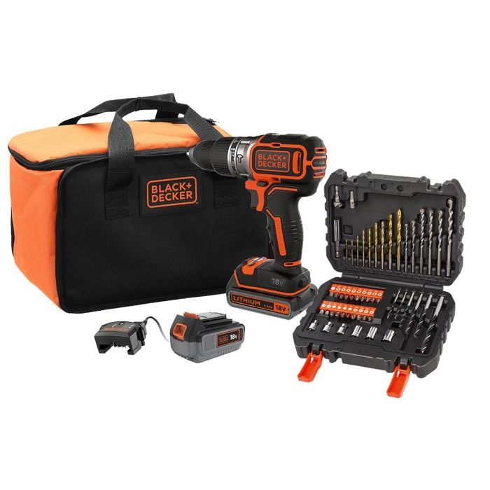Perceuse a percussion BLACK+DECKER sans fil 18V + 2 batteries 2,5Ah et 4Ah+ 50 accessoires + sac de rangement - BL188ME2SA-QW