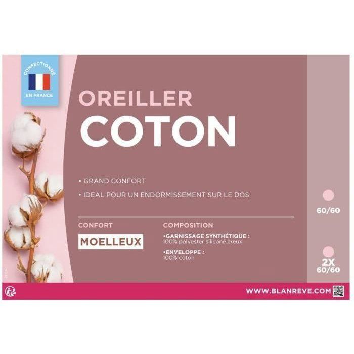Lot de 2 Oreillers Coton - BLANREVE - 60 x 60 cm - Blanc