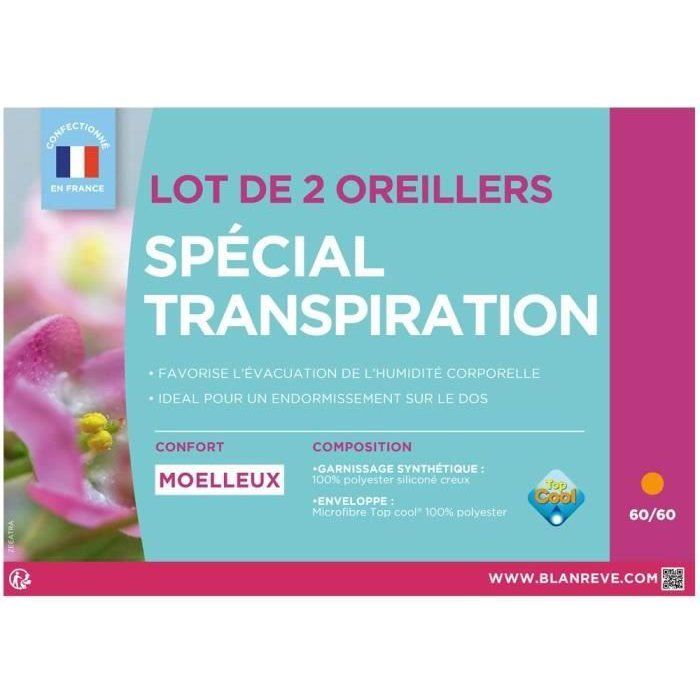 Lot de 2 Oreillers - BLANREVE - Spécial Transpiration - 60 x 60 cm - Blanc