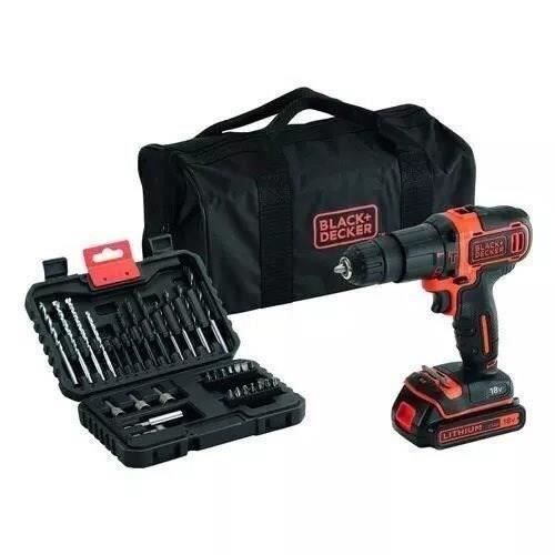Perceuse a percussion sans fil - 18V - BLACK+DECKER + 1 batterie 1,5Ah + chargeur + coffret de 32 accessoires - BDCHD18S32-QW