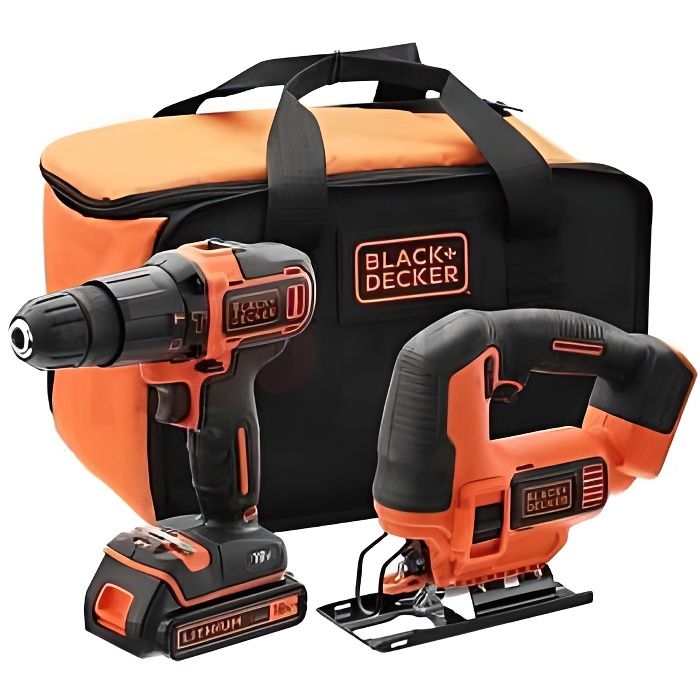 Kit Perceuse ŕ percussion + scie sauteuse sans fil - 18V - BLACK+DECKER - BCK22S1S-QW + 1 batterie 1,5Ah + chargeur + sac