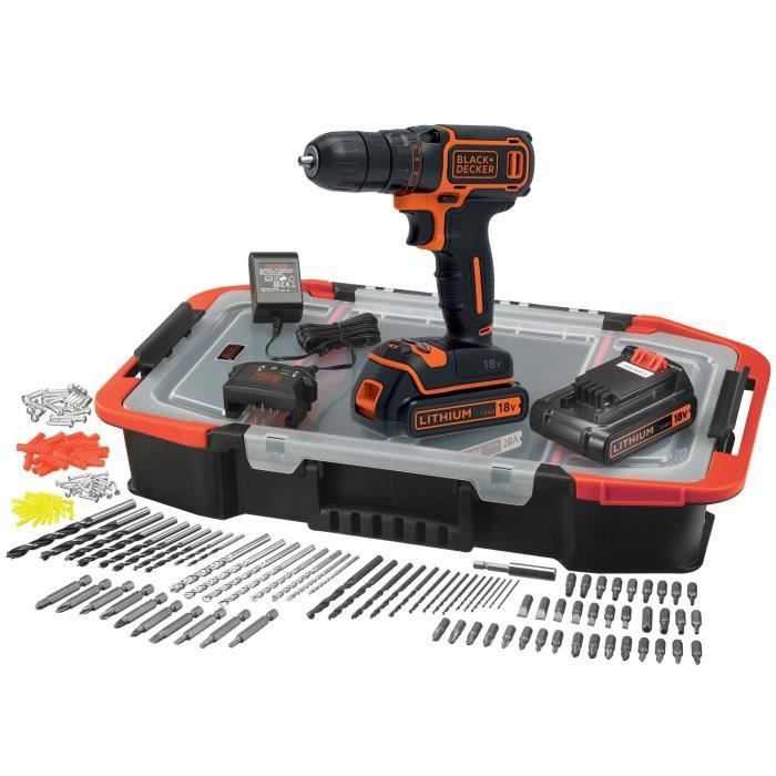 Kit perceuse visseuse sans fil - 18V - BLACK+DECKER - BDCDC18BAST-QW - 2 batteries - chargeur - 160 accessoires