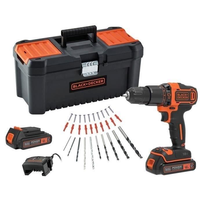 Perceuse a percussion sans fil - 18V - BLACK+DECKER - BDCHD18C2TA-QW – avec 2 batteries 18V – 30 accessoires