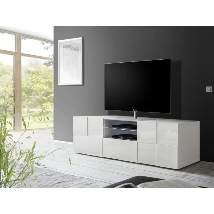 Meuble Tv - MILANO - 2 portes - 1 tiroir - Blanc laqué brillant - 181 x 42 x 56 cm