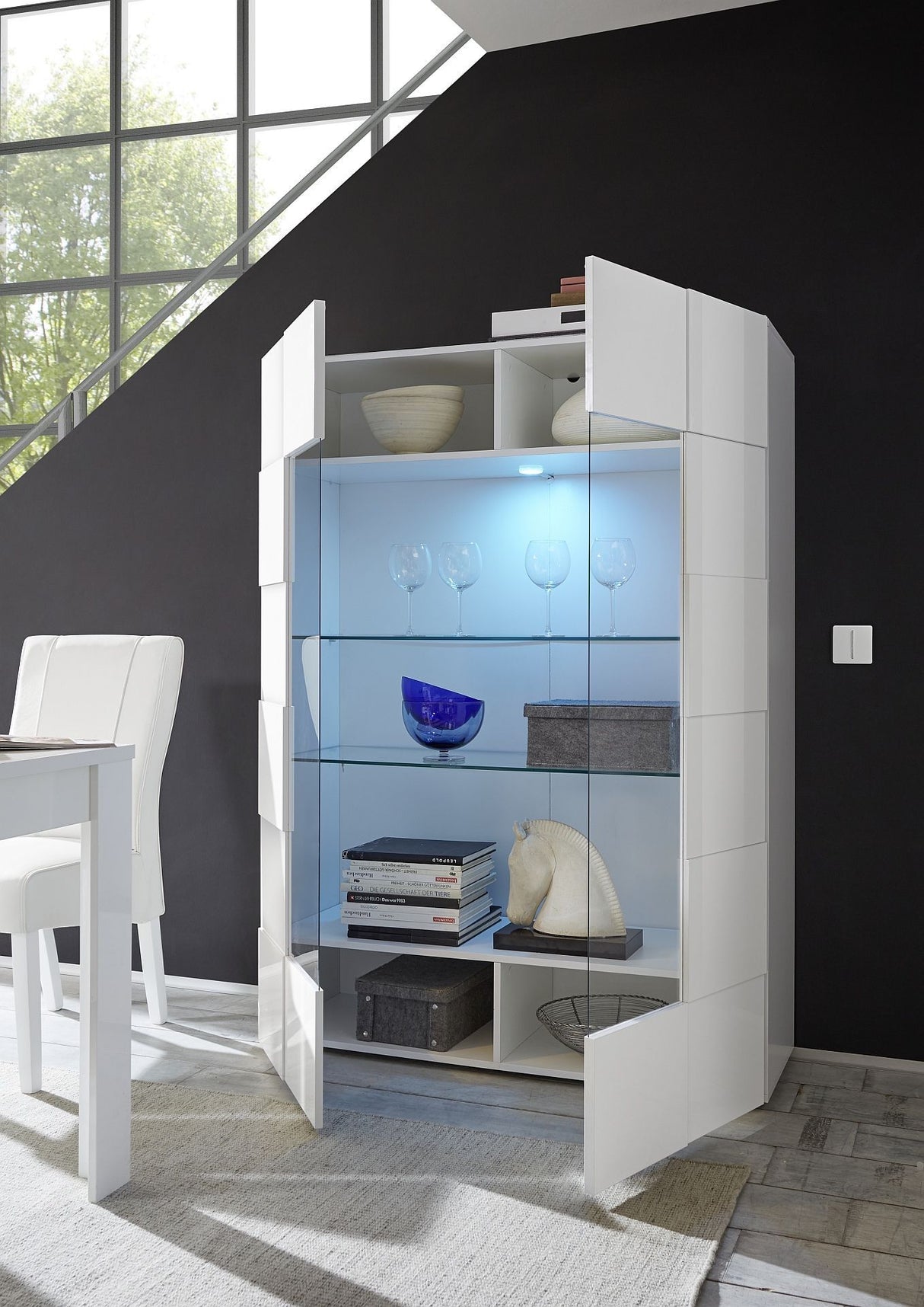 Vitrine - MILANO - Blanc laqué brillant - 2 Portes - Fabrication Italienne - 121 x 43 x 166 cm