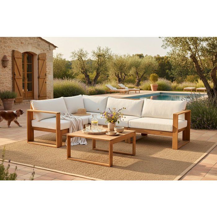 Salon de jardin d'angle modulable - Bois d'acacia - 5 personnes - LEVATA - Beige