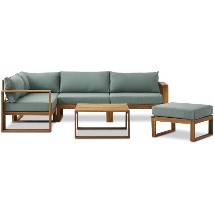 Salon de jardin d'angle modulable LEVATA OTTOMAN - Bois d'acacia FSC - 6 personnes - Bleu vert + Housse incluse