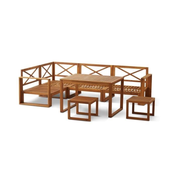 Salon de jardin d'angle modulable LEVATA DINING - Bois d'acacia FSC - 7 personnes - Gris de lin + Housse incluse