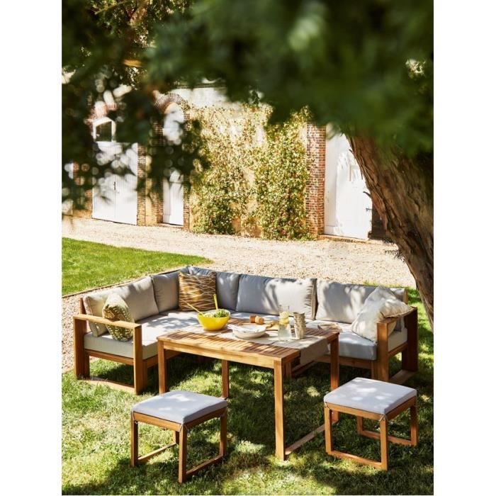 Salon de jardin d'angle modulable LEVATA DINING - Bois d'acacia FSC - 7 personnes - Gris de lin + Housse incluse