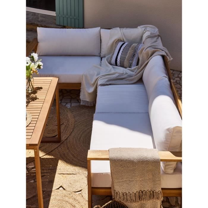 Salon de jardin d'angle modulable LEVATA DINING - Bois d'acacia FSC - 7 personnes - Blanc cassé + Housse incluse