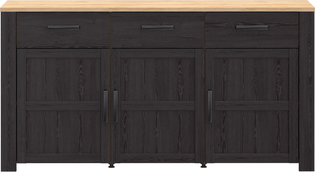 Buffet BOHOL Noir – 3 Portes & 3 Tiroirs – L 166,1 × P 47 × H 87 cm – Chene Noir & Effet Bois