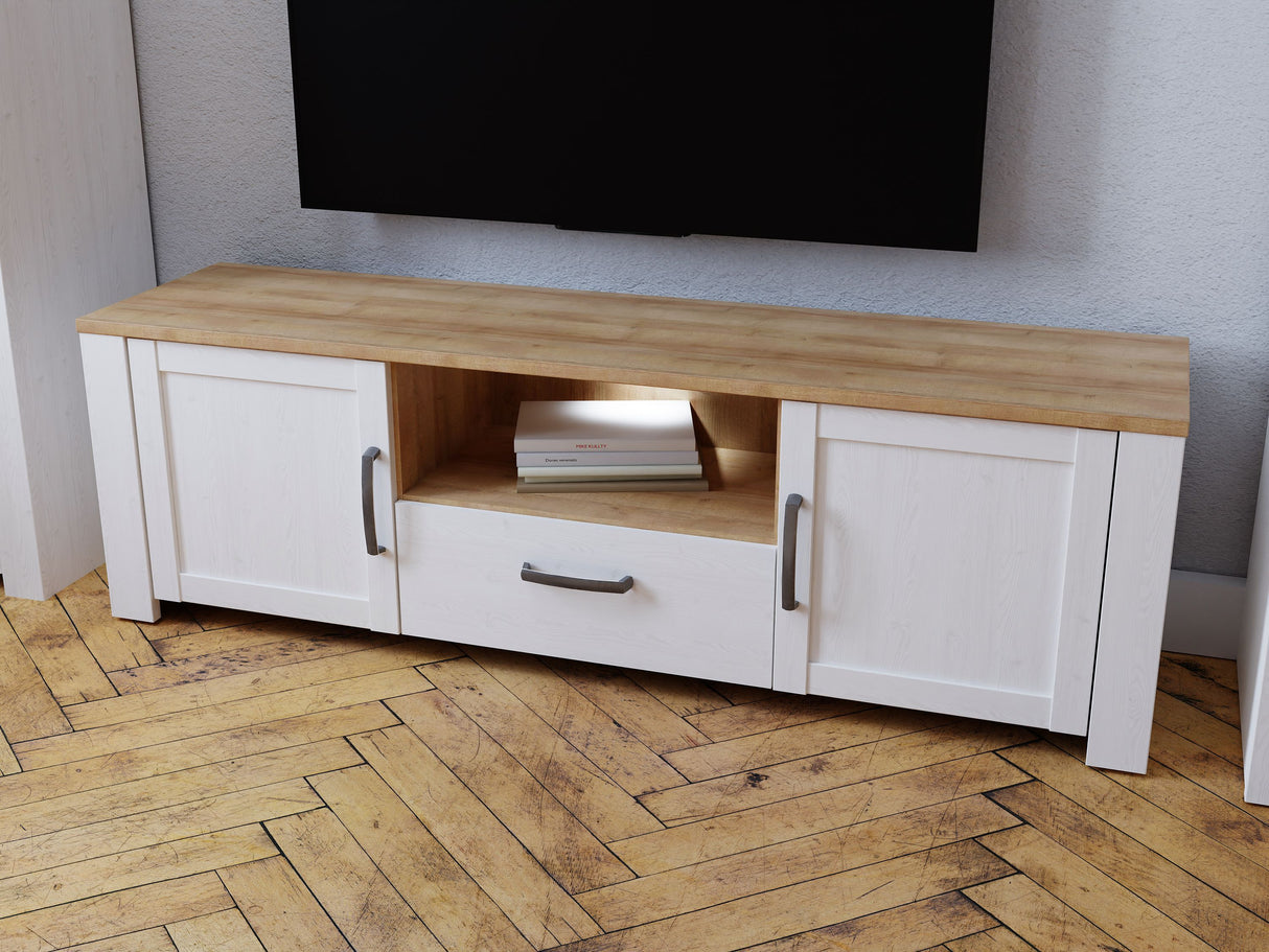 Meuble TV - BOHOL - Blanc - L 166,1 x P 42 x H 51,8 cm - 2 portes + 1 tiroir + 1 niche