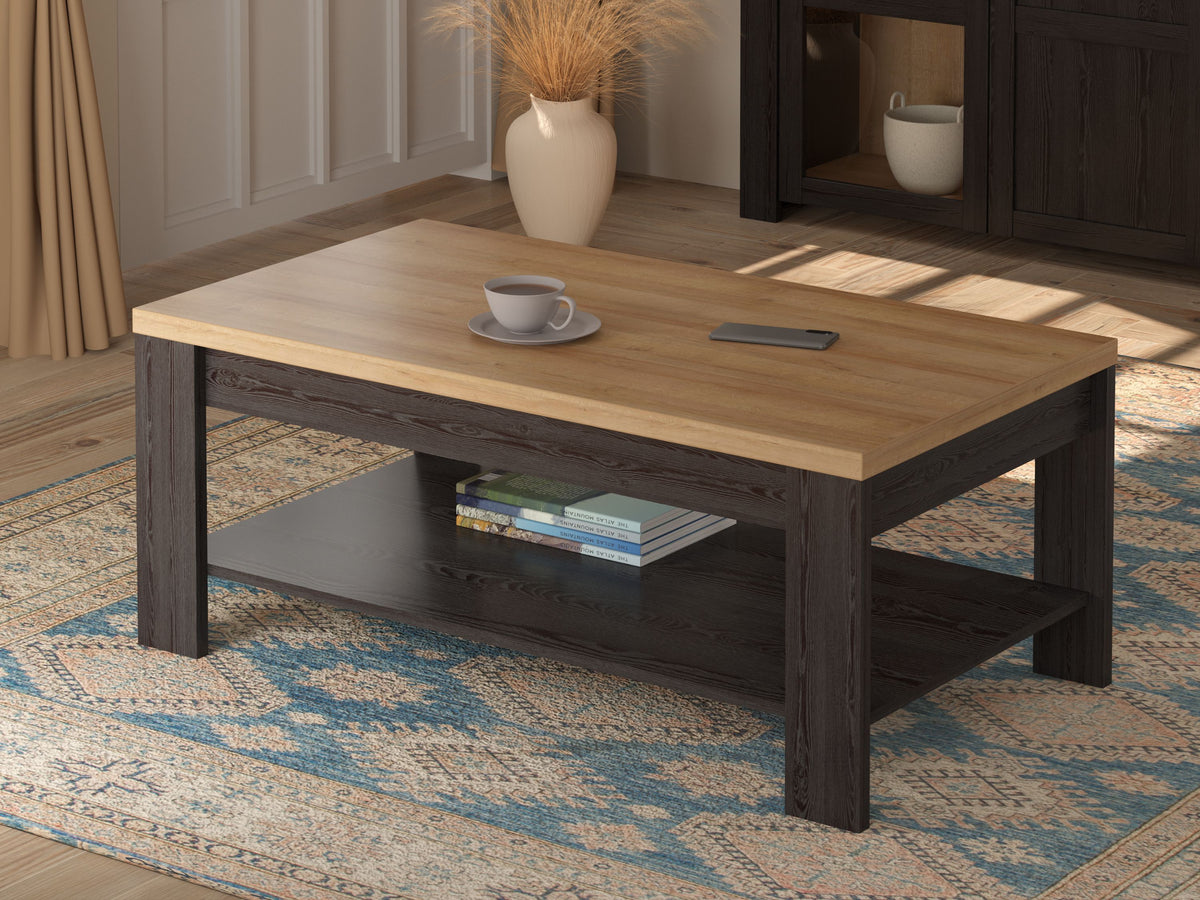 Table Basse Rectangle BOHOL – Chene Noir & Beige – Double Plateau – L 100 × P 60 × H 45,7 cm