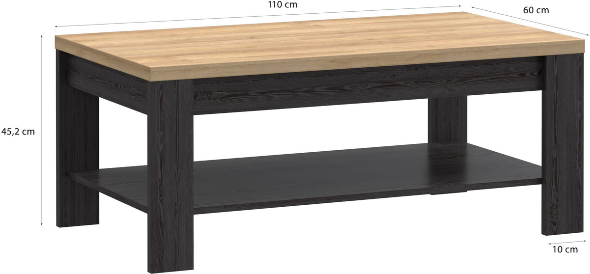 Table Basse Rectangle BOHOL – Chene Noir & Beige – Double Plateau – L 100 × P 60 × H 45,7 cm