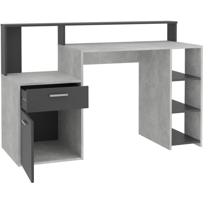 Bureau avec réhausse et rangements BOLTON - Mélamine gris béton/antracite - L138,5 x H91,6 x P53,5 cm