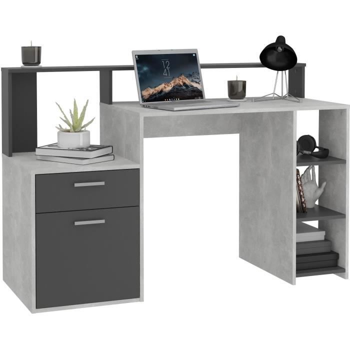 Bureau avec réhausse et rangements BOLTON - Mélamine gris béton/antracite - L138,5 x H91,6 x P53,5 cm