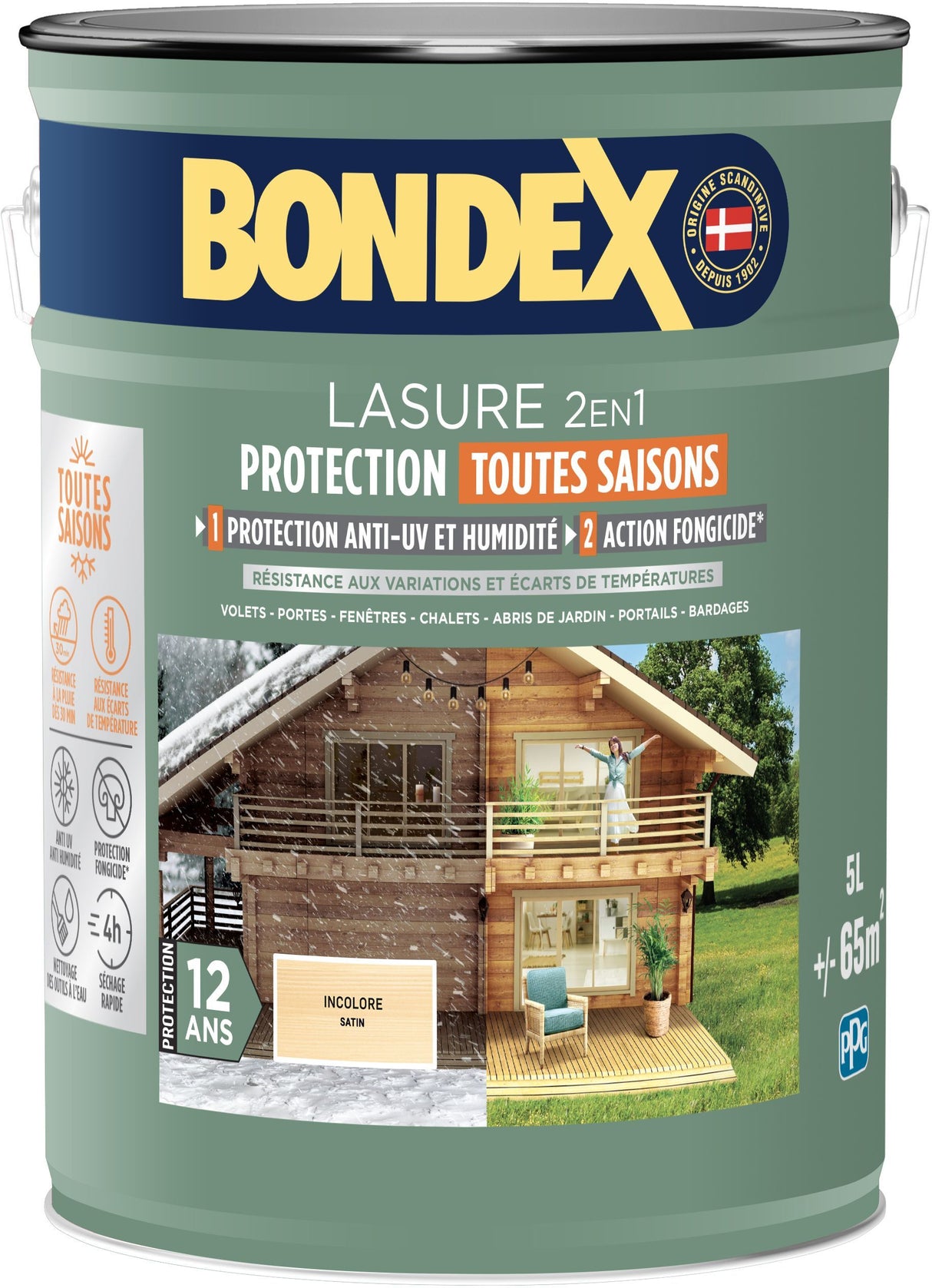 Lasure 2 en 1 protection extérieure - Incolore - Satin - Protection 12 ans - Toutes saisons - Bondex - 5L
