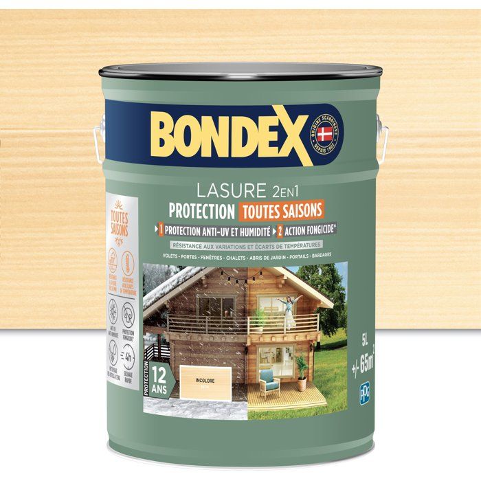 Lasure 2 en 1 protection extérieure - Incolore - Satin - Protection 12 ans - Toutes saisons - Bondex - 5L