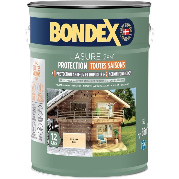 Lasure 2 en 1 protection extérieure - Incolore - Satin - Protection 12 ans - Toutes saisons - Bondex - 5L