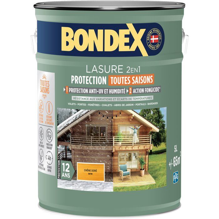 Lasure 2 en 1 protection extérieure - Chene Doré - Satin - Protection 12 ans - Toutes saisons - Bondex - 5L