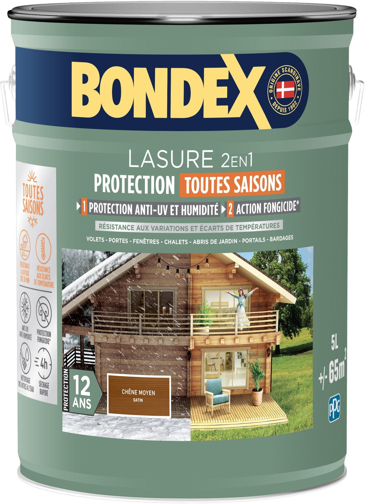 Lasure 2 en 1 protection extérieure - Chene Foncé - Satin - Protection 12 ans - Toutes saisons - Bondex - 5L