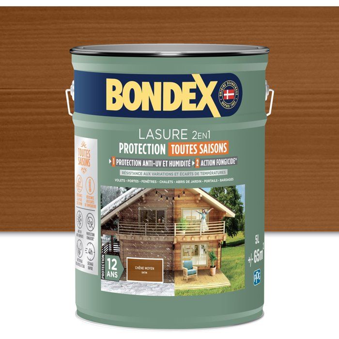 Lasure 2 en 1 protection extérieure - Chene Moyen - Satin - Protection 12 ans - Toutes saisons - Bondex - 5L